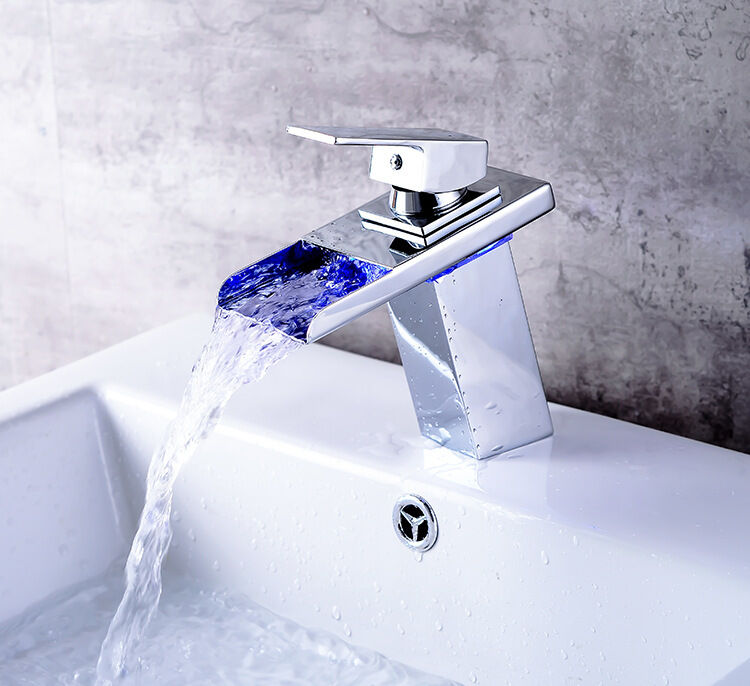 Waterfall Basin Mixer Faucet with Ceramic Valve Core Single Hole and Temperature Sensitive LED Light